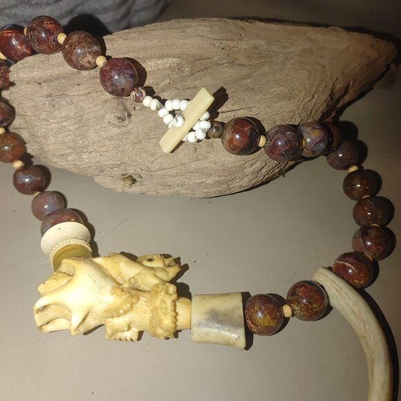 Antique Agate Bead Necklace Carved Antler Pendant Deer Elk Artisan Craft Rustic - Picture 2 of 16